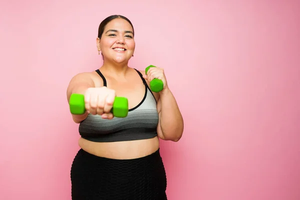Cheerful Beautiful Obese Woman Enjoying Her Active Workout Doing Exercises — Stock Photo, Image