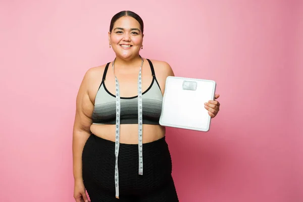 Portrait Very Happy Fat Woman Smiling Holding Weighing Scale While — Stockfoto