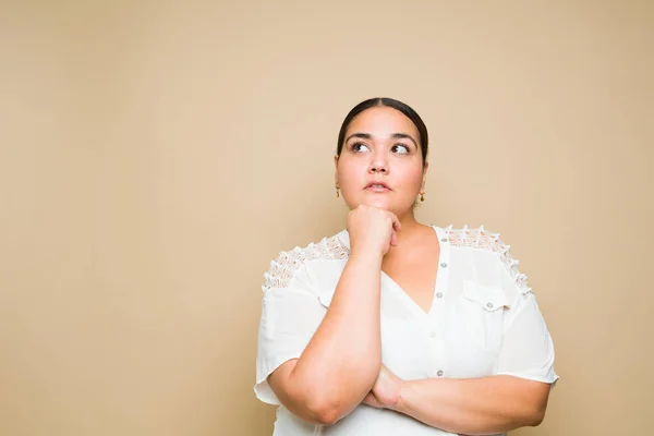 Thoughtful Young Woman Obesity Looking Thinking New Idea Yellow Background —  Fotos de Stock