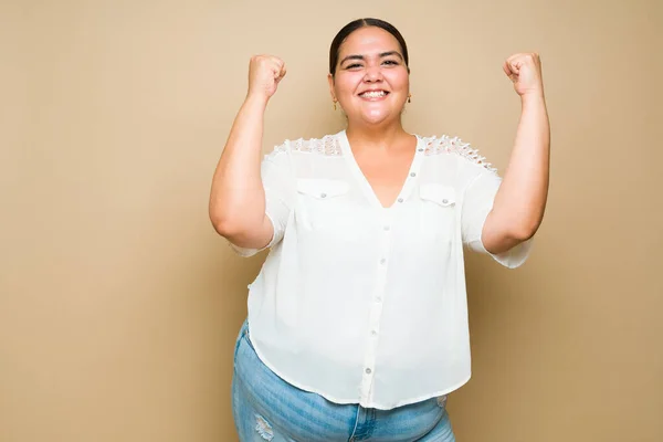 Satisfied Overweight Woman Celebrating Getting Good News Feeling Very Excited — kuvapankkivalokuva