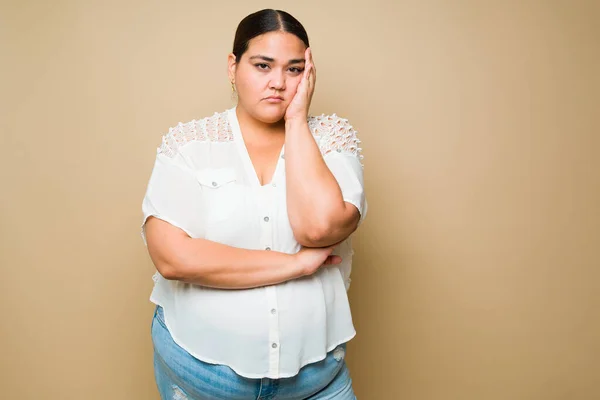 Sad Fat Latin Woman Casual Clothes Looking Bored Tired Front — Fotografia de Stock