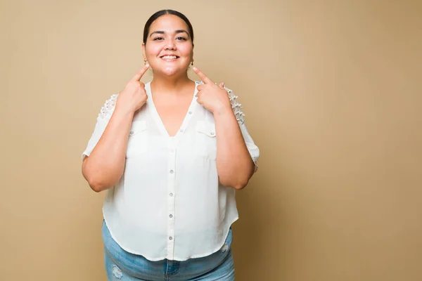 Cheerful Fat Woman Looking Happy Pointing Her Big Smile White — Foto Stock