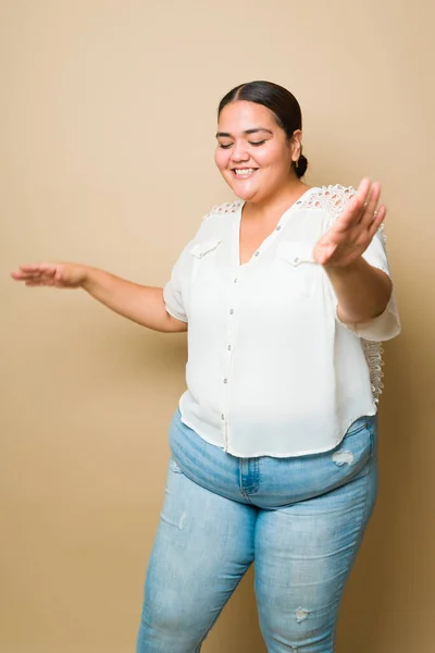 Cheerful Size Woman Laughing Promoting Body Positivity Dancing Music Having — kuvapankkivalokuva