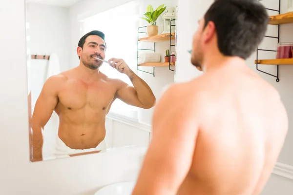 Clean Handsome Man Seen Wearing Towel Brushing His Teeth Caring — Foto Stock