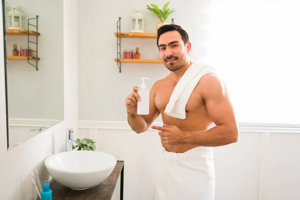 Portrait Happy Handsome Man Smiling While Holding Soap Wash His — Foto de Stock