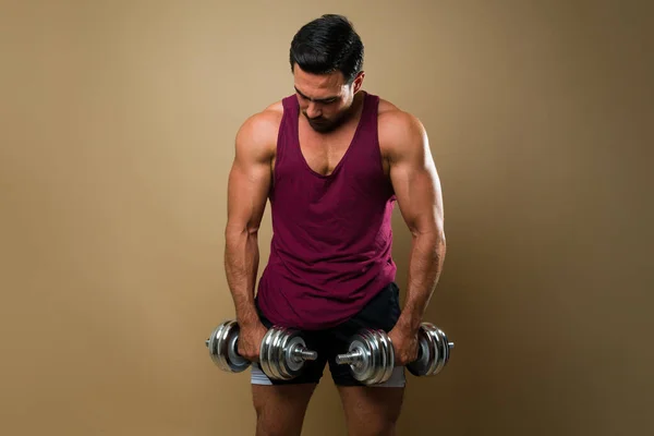 Fitness Young Man Muscular Body Biceps Lifting Dumbbell Weights Doing — Stock fotografie