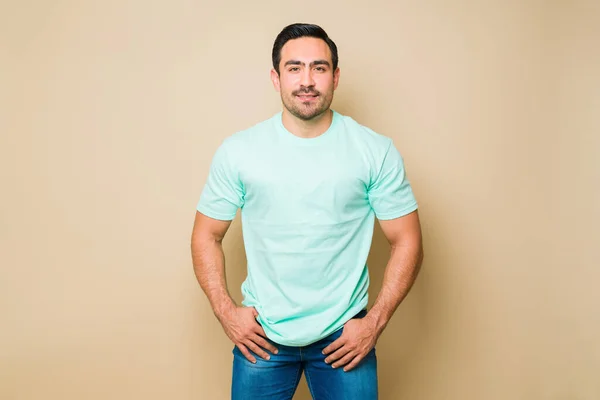 Happy Handsome Latin Man Smiling Wearing Blue Casual Shirt Jeans —  Fotos de Stock