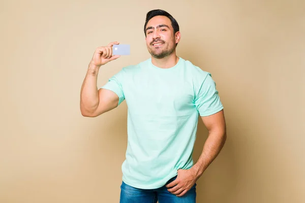 Cheerful Attractive Young Man Feeling Happy Positive While Showing His — Stockfoto