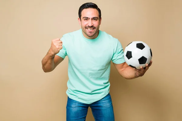 Happy Male Sports Fan Smiling Having Fun While Holding Soccer — Photo