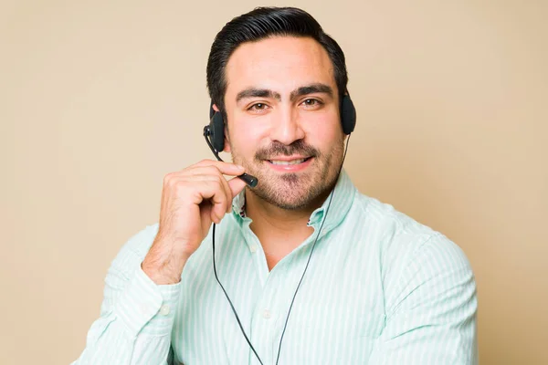 Portrait Cheerful Young Man Working Customer Service Agent Wearing Headset — Stockfoto