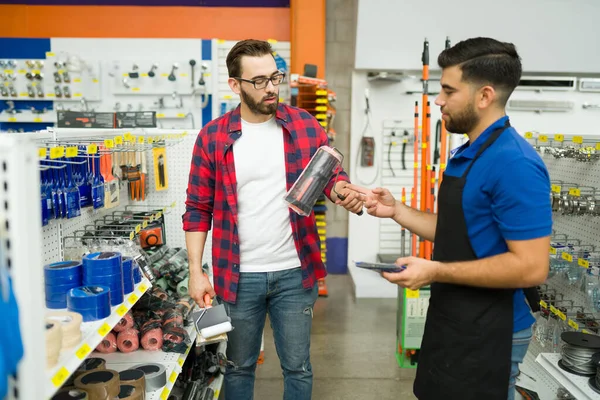 Handsome Young Man Employee Hardware Store Looking Buy Paint Rollers — Stok fotoğraf