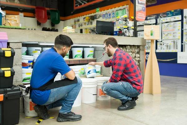 Hardware Store Worker Young Man Seen Looking Buy Bucket Paint — 스톡 사진