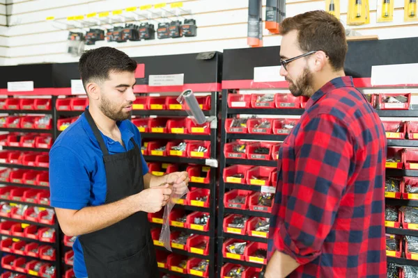 Attractive Young Man Looking Buy Screws Tools Talking Male Hardware — Foto Stock
