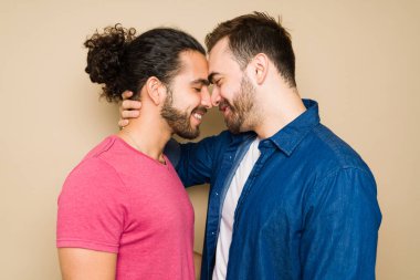 Passionate happy gay man wants to kiss his gay partner while hugging sharing a romantic moment against a studio background
