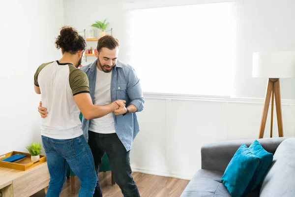 Rear View Cheerful Attractive Man Dancing His Gay Partner Living — ストック写真