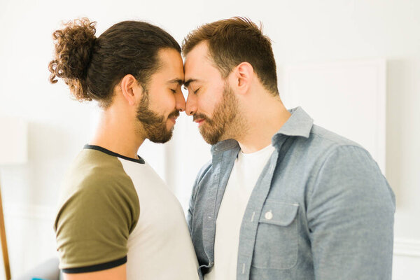 Profile of a beautiful gay couple touching their foreheads cuddling sharing a romantic tender moment together 
