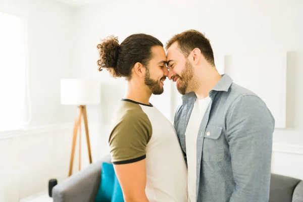 Passionate Gay Couple Happy Relationship Sharing Romantic Moment Kiss Home — Zdjęcie stockowe