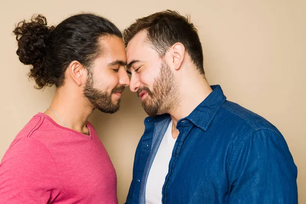 Tender multiracial gay couple smiling touching their foreheads and about to kiss during a romantic moment