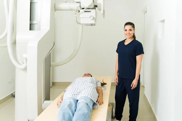 Portrait Beautiful Female Radiologist Technician Looking Happy While Doing Medical — Fotografia de Stock