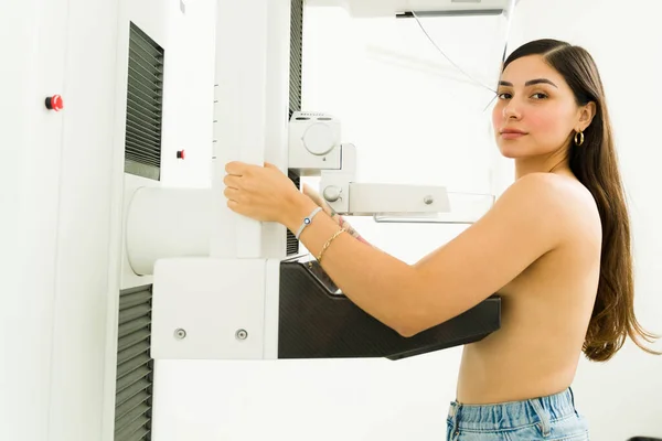 Concerned Young Woman Getting Medical Test Prevent Breast Cancer Promoting — 스톡 사진