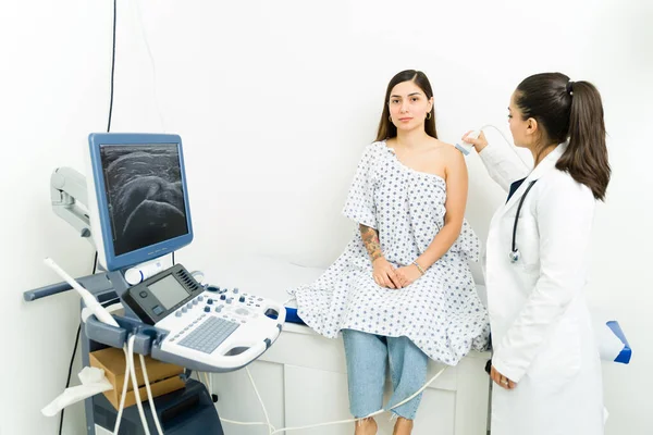 Sad Sick Female Patient Sitting Diagnostic Lab Getting Ultrasound Her — Foto Stock