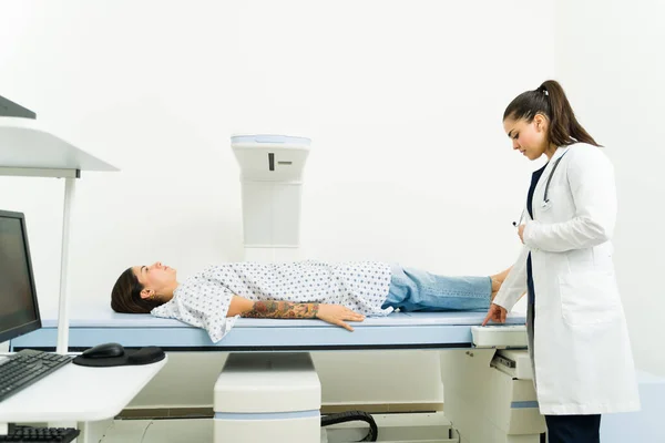 Female Radiologist Starting Densitometry Machine Scan Perform Medical Exam Check — Foto Stock