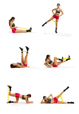 Composite of a fit young woman showing how to do different workout exercises poses with a resistance band