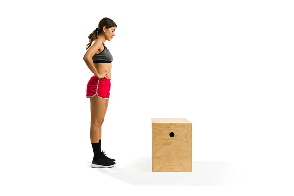 Sporty Young Woman Activewear Preparing Jump Plyo Box Her Strong —  Fotos de Stock
