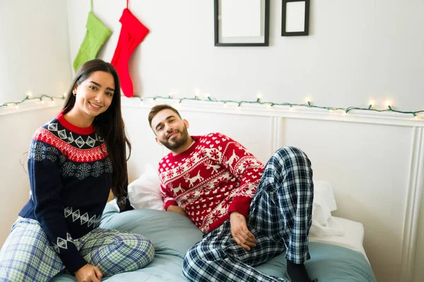 Portrait Young Woman Man Christmas Pajamas Looking Happy While Resting — Stock Photo, Image