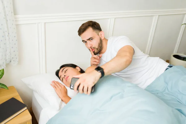 Sexual Harassment Concept Inappropriate Man Taking Secret Photo Picture Sleeping — Stock Photo, Image
