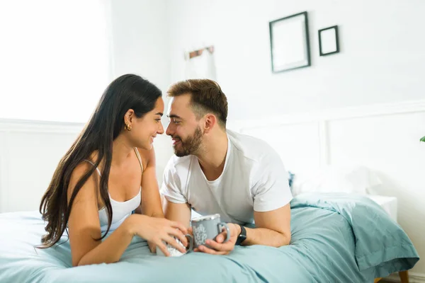 Romantic Couple Love Kiss While Drinking Cup Coffee Waking Together — Stock Photo, Image