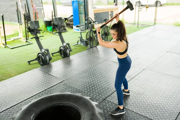활동적으로 일하는 여자가 정기적으로 운동을 하거나 훈련을 타이어에 썰매를 사용하여 — 스톡 사진