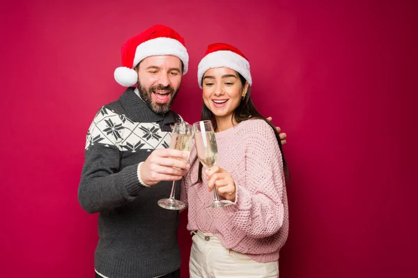 Excited Young Woman Man Laughing Making Toast Champagne Drinking Wine — Stock Photo, Image