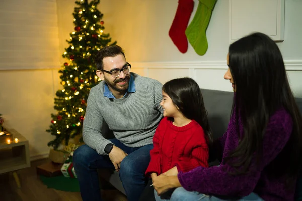 Cheerful Mom Dad Laughing Her Young Kid Next Christmas Tree — Stock Photo, Image
