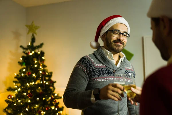 Attractive Caucasian Man Smiling Wearing Santa Hat Drinking Wine Christmas — Stock Photo, Image