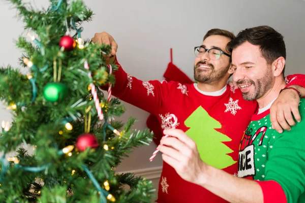 Neşeli Eşcinsel Çift Noel Ağacına Şeker Kamışı Koyarken Gülüyorlar — Stok fotoğraf