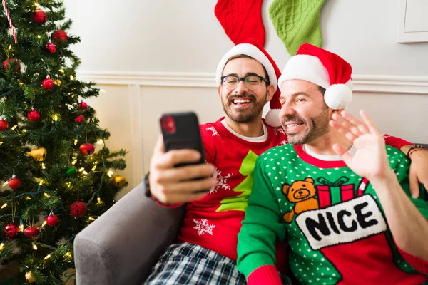 Excited Gay Young Men Saying While Having Video Call Smartphone — Stock Photo, Image