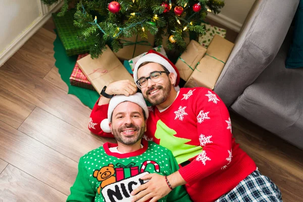 Top View Attractive Gay Couple Pajamas Cuddling Christmas Tree Lot — Stock Photo, Image