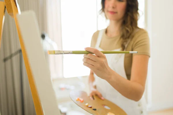 Rear View Young Woman Painter Holding Brush Working New Painting — Stock Photo, Image