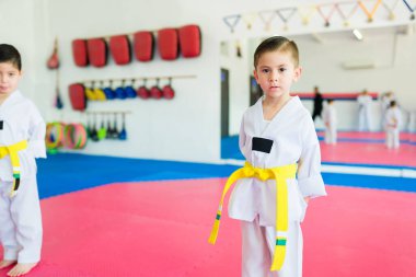 Sarı kemerli beyaz çocuklar göz teması kurup tekvando derslerine hazırlanıyorlar.