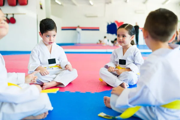 Glückliche Kleine Kinder Plaudern Während Sie Eine Pause Vom Taekwondo — Stockfoto