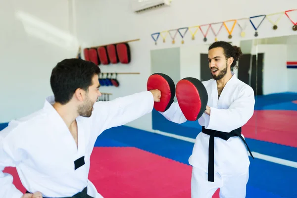 Avancerade Vuxna Taekwondo Elever Tränar Och Tränar Starka Sparkar Karate — Stockfoto
