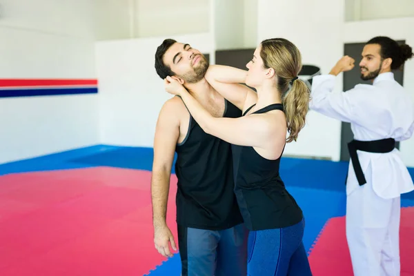 Adult Woman Martial Arts School Practicing Self Defense Training Young — Stock Photo, Image