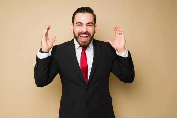 Excited Businessman Salesman Looking Cheerful Surprised While Working — Stock Photo, Image