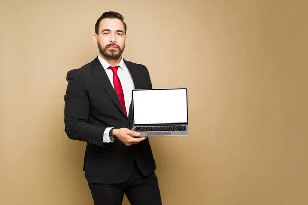 Серьезный Профессиональный Бизнесмен Показывает Свой Ноутбук Работая Фоне Студии — стоковое фото