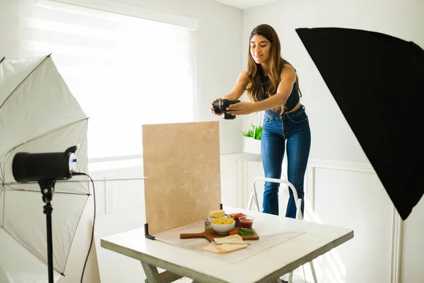 Attractive Food Photographer Standing Chair Take High Angle Photo Professional — Stock Photo, Image