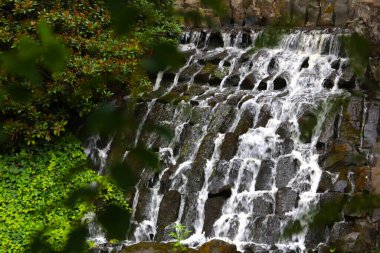 Parkta küçük bir yapay şelale manzarası