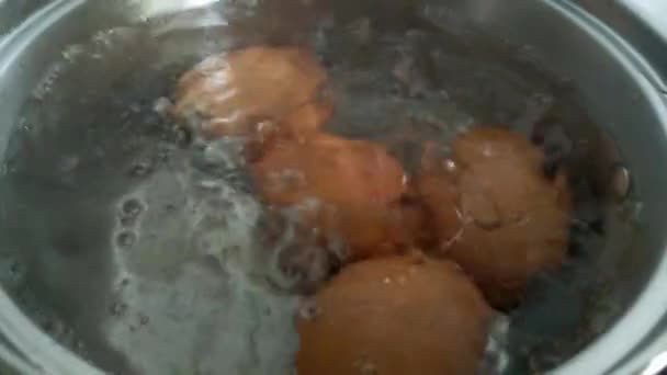 卵は沸騰した水で煮込まれる。迅速かつ健康的な朝食. — ストック動画