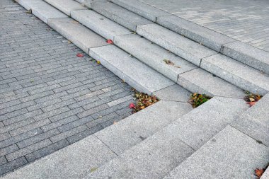 Şehir meydanındaki yayaların arka planında yapraklar dökülmüş.