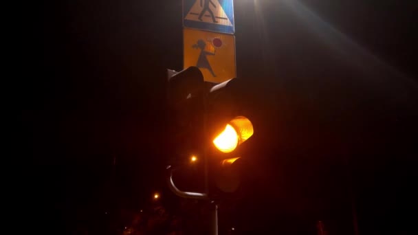 Geceleri Yaya Geçidinde Trafik Işıklarının Altında Çalışıyorum Sokak Lambası Yol — Stok video